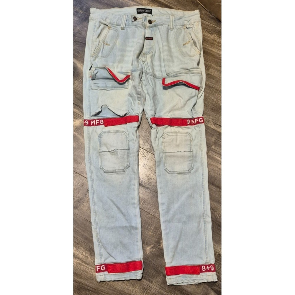 8&9 MFG Strapped Up Slim Utility Jeans Light Wash Denim 32x32 Streetwear Stretch